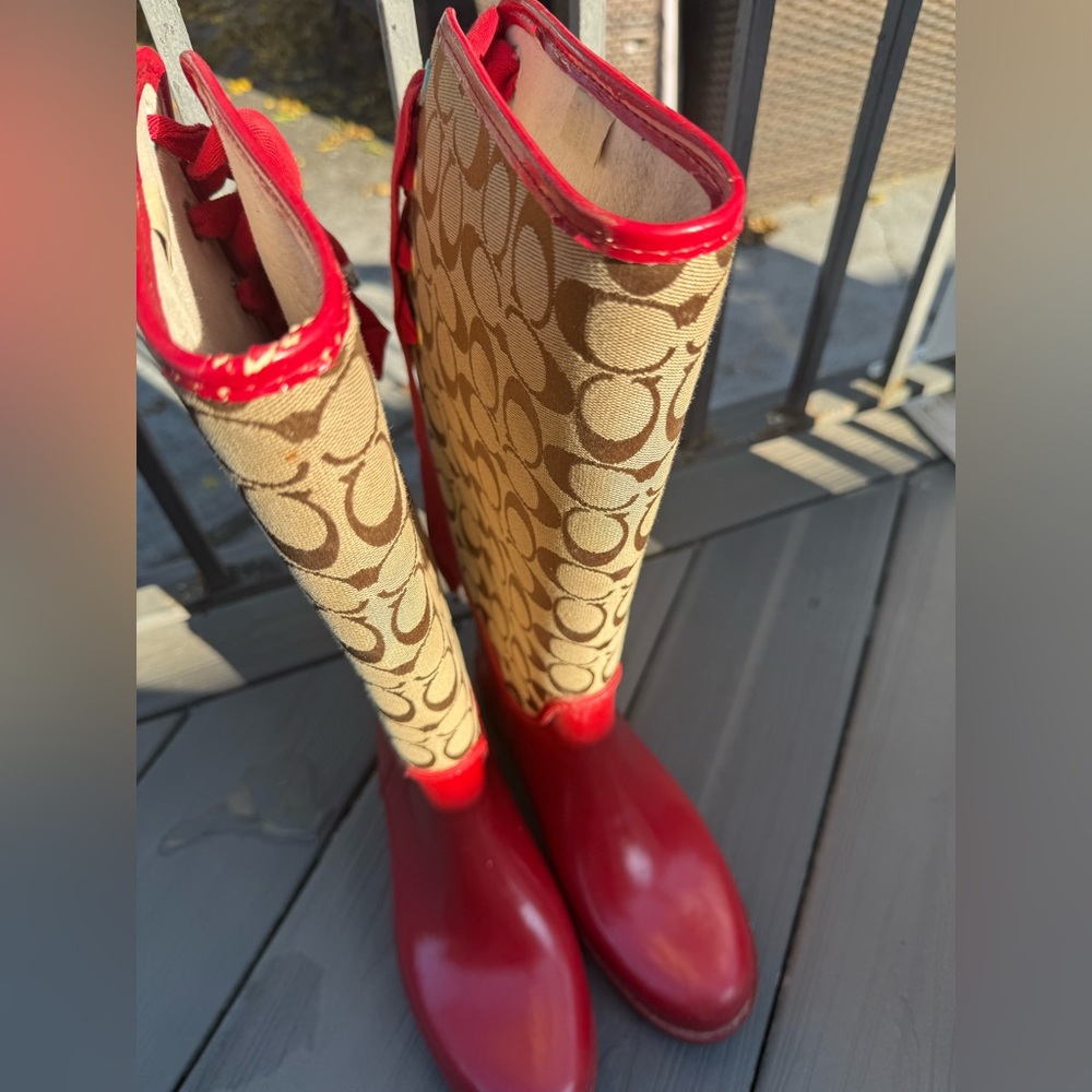 COACH Red and Tan Patterned Rain Boots